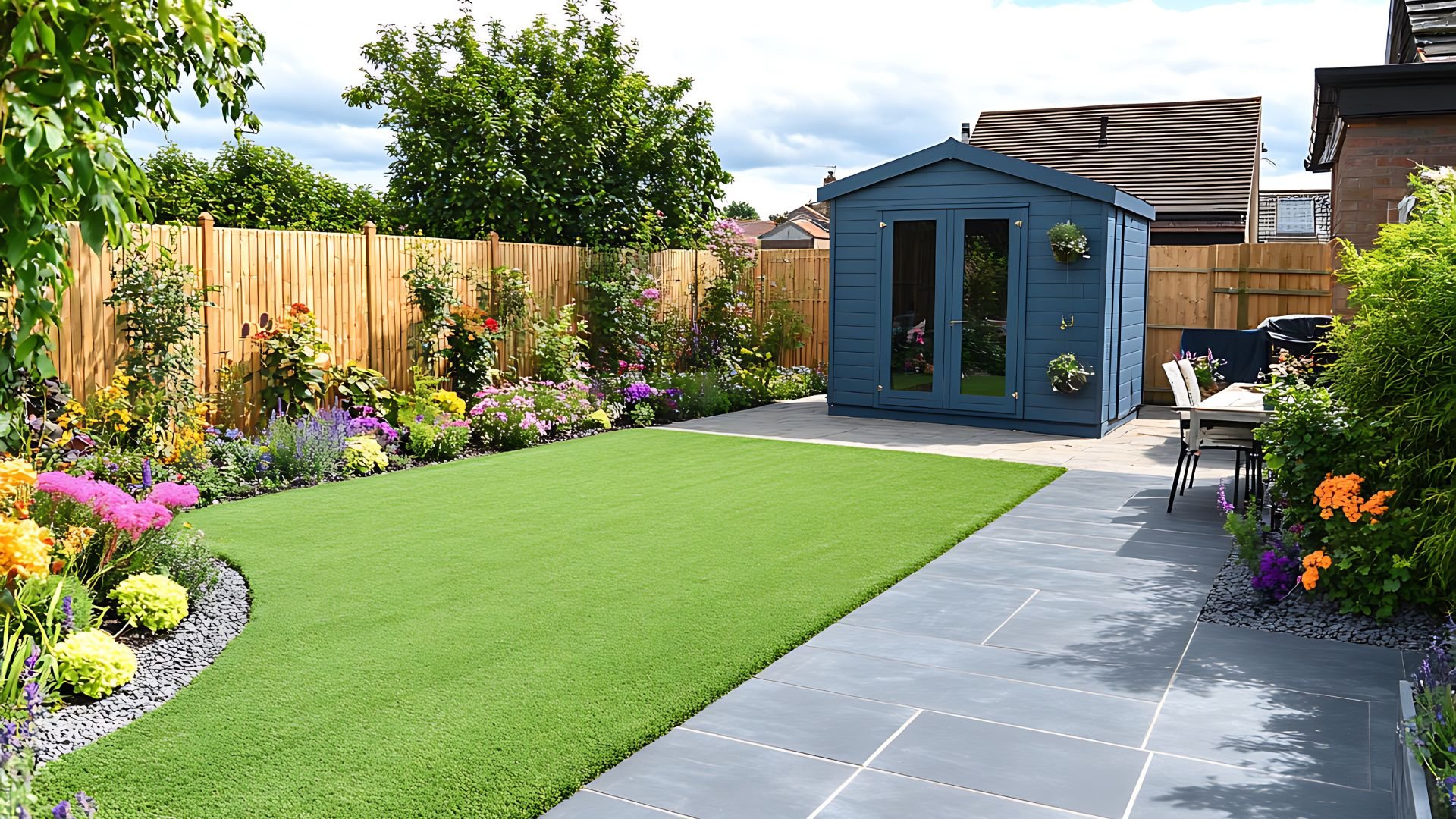 Well-manicured backyard with blue shed, green lawn, and colorful flower beds